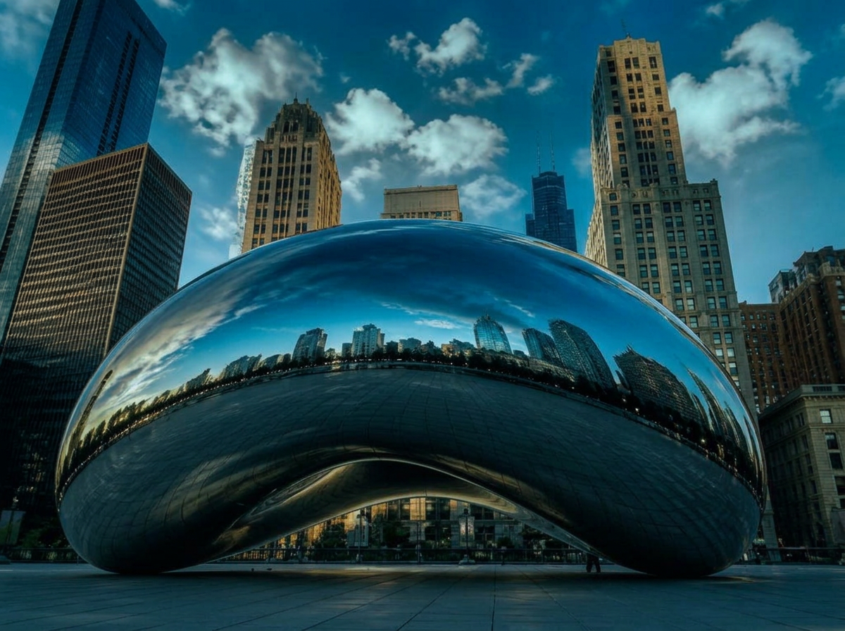 Chicago Cloud Gate reflecting the skyline at golden hour
