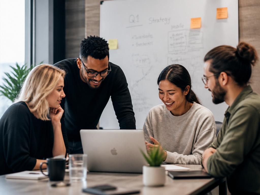 Diverse group of early-stage startup founders collaborating around a laptop in a modern workspace